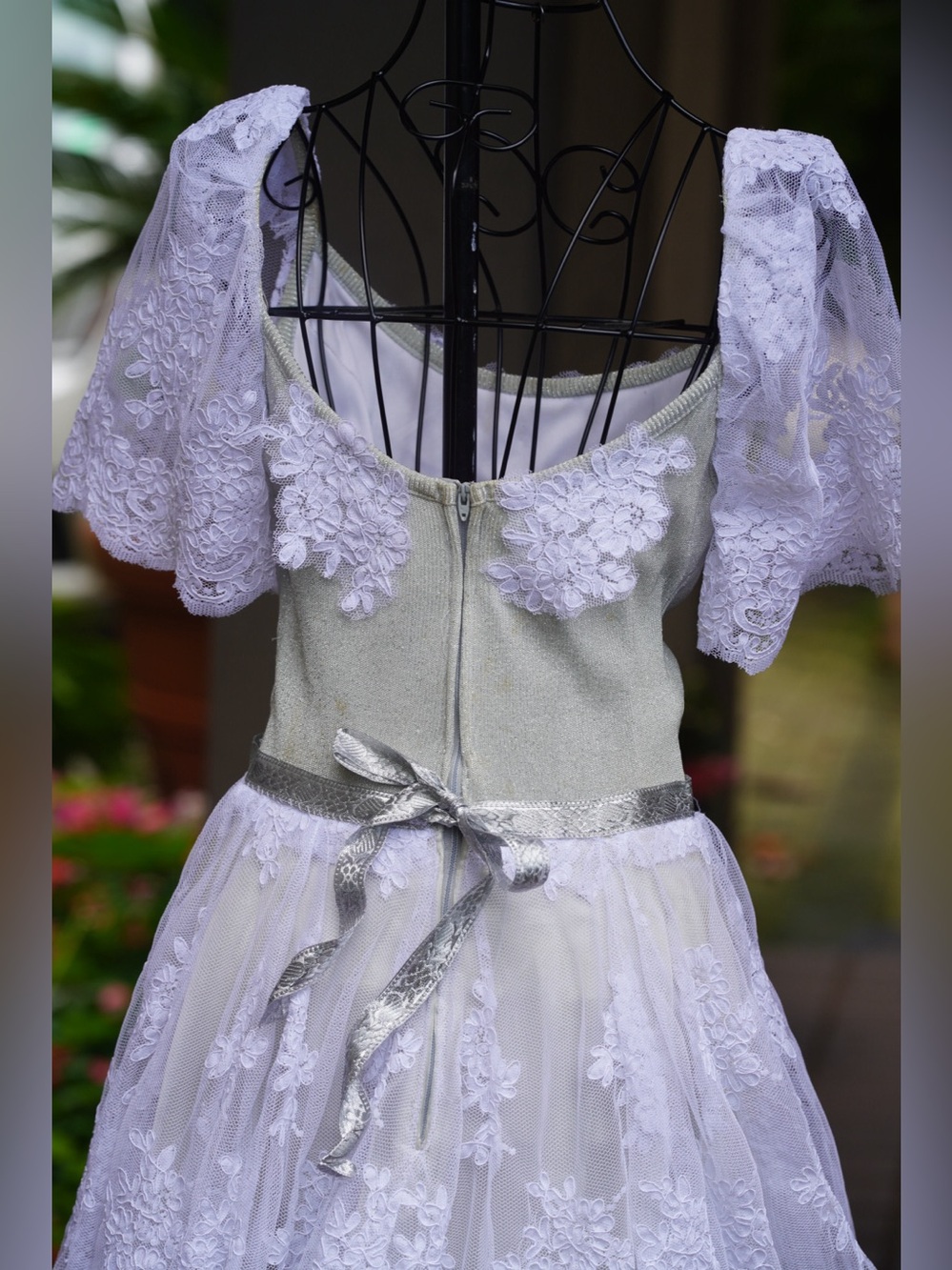 Vintage Ivory & Sage Lace Floral Appliqué Gown | Romantic Off-Shoulder Wedding - Picture 11 of 16